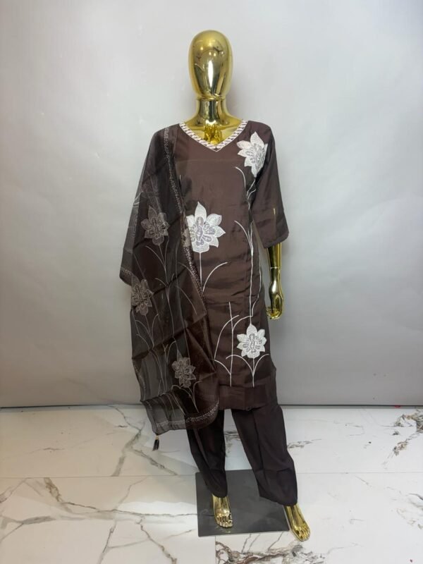 Dark Brown Premium Cotton Silk V-Neck Kurta Set with Bold Floral Embroidery & Organza Dupatta