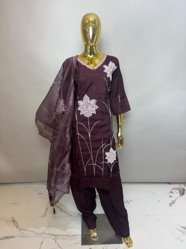 Deep Plum Premium Cotton Silk V-Neck Kurta Set with Bold Floral Embroidery & Organza Dupatta
