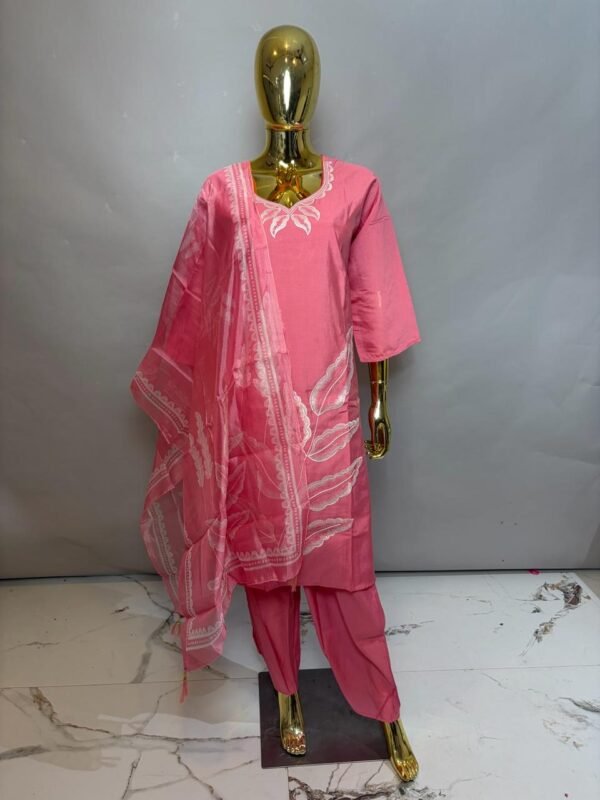 Candy Pink Premium Cotton Silk V-Neck Kurta Set with Bold Leaf Embroidery & Organza Dupatta