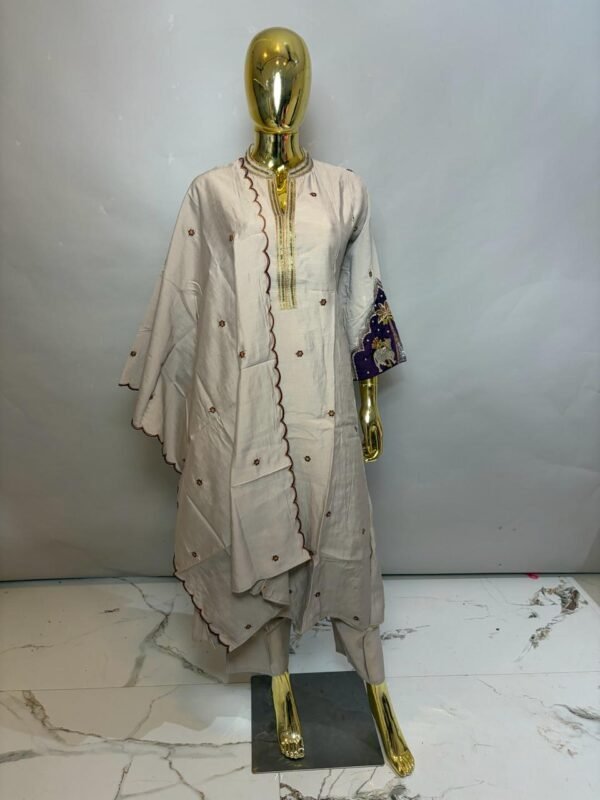 Greyish Beige Premium Cotton Silk Kurta Set with Zari Neckline and Pichwai Cow Embroidered Sleeves