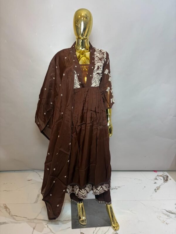 Dark Brown Cotton Silk Anarkali Kurta Set with Intricate Floral Shoulder Embroidery & Matching Dupatta