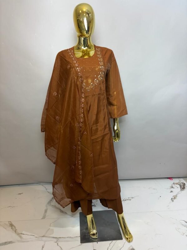 Tan Copper Premium Cotton Silk Kurta Set with Scalloped Sequin Bodice and Sheer Dupatta