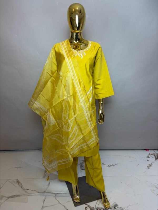 Bright Canary Yellow Premium Cotton Silk Kurta Set with Asymmetric Leaf Embroidery and Sheer Dupatta