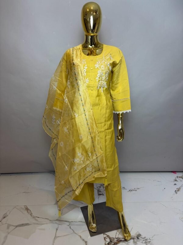 Mustard Yellow Premium Cotton Silk Kurta Set with Delicate White Floral Embroidery & Organza Dupatta