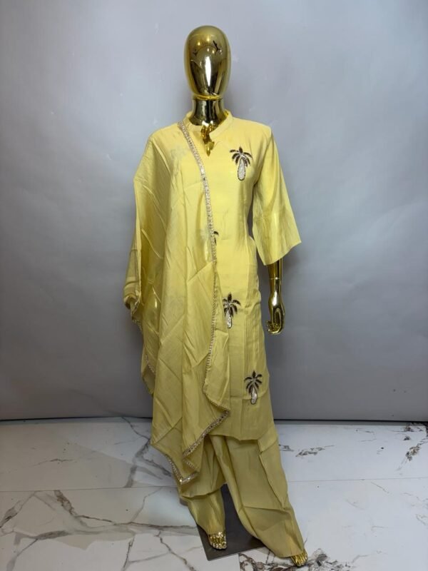 Soft Lemon Yellow Premium Cotton Silk Kurta Set with Shimmering Palm Tree Embroidery and Zari Lace Dupatta