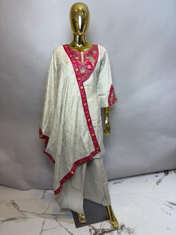 Cream Premium Cotton Silk Kurta Set with Rani Pink Peacock Zardozi Bodice & Diagonal Border Dupatta