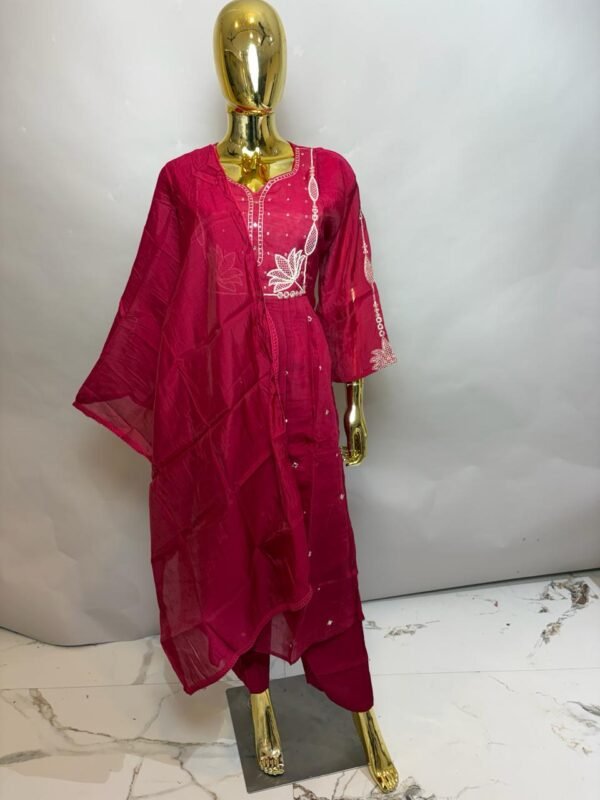 Deep Magenta Premium Cotton Silk Kurta Set with White Lotus Thread-Work and Sequined Dupatta