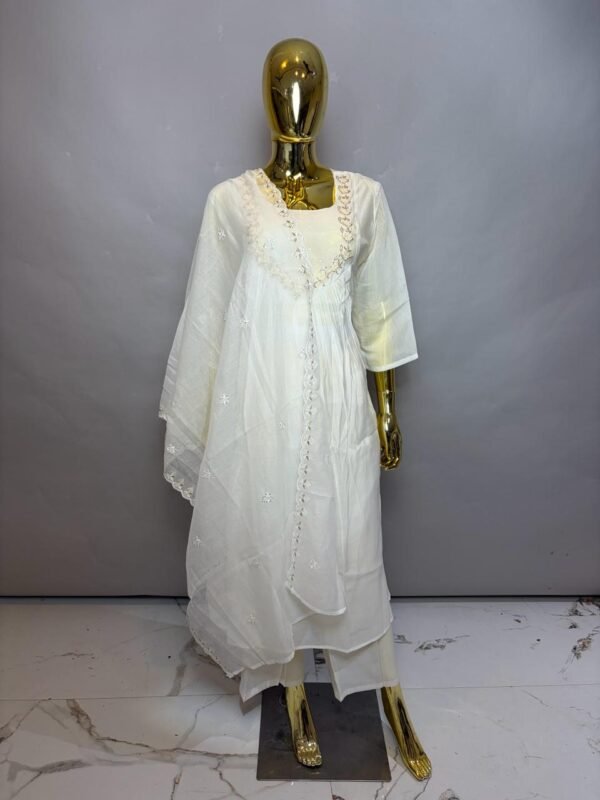 Off-White Premium Cotton Silk Kurta Set with Intricate Scalloped Embroidery and Sheer Bordered Dupatta