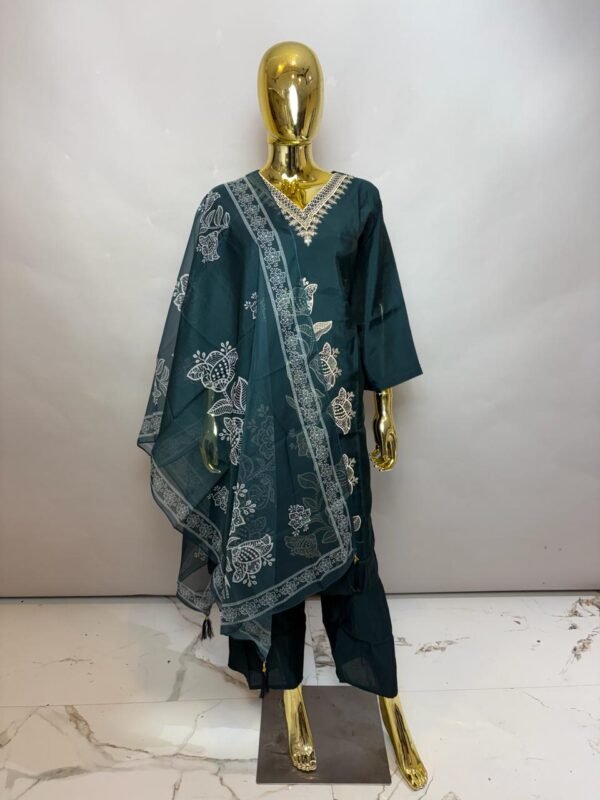 Emerald Teal Premium Cotton Silk Kurta Set with Asymmetric Bold Floral Thread-Work and Printed Dupatta