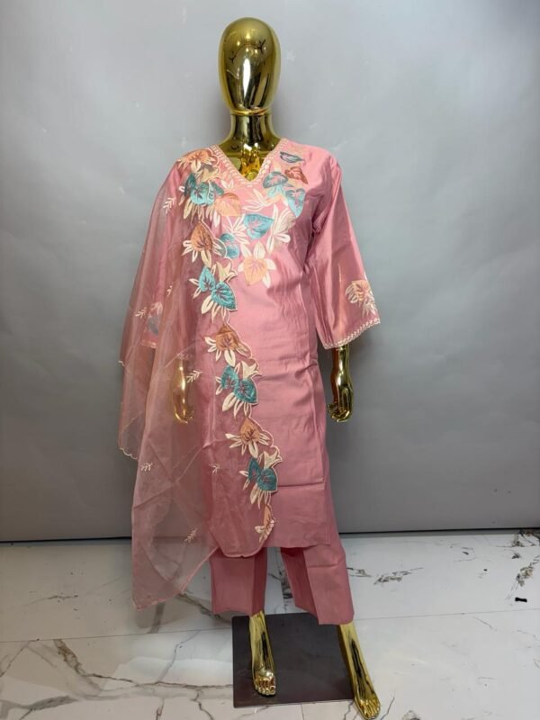 Dusty Rose Premium Cotton Silk Kurta Set with Multi-Tonal Leaf Embroidery and Sheer Scalloped Dupatta
