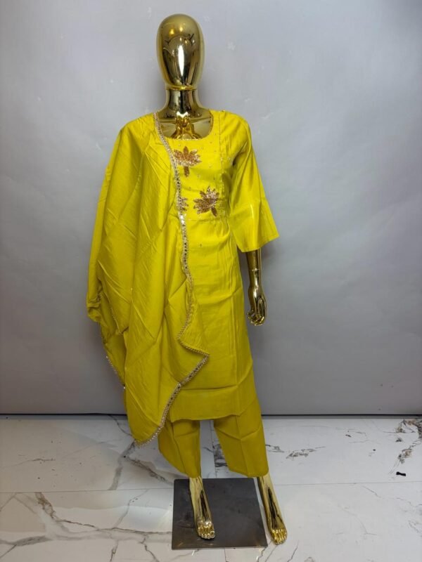 Lime Yellow Silk Blend Kurta Set with Gota Patti Starburst Motifs and Kiran Lace Dupatta