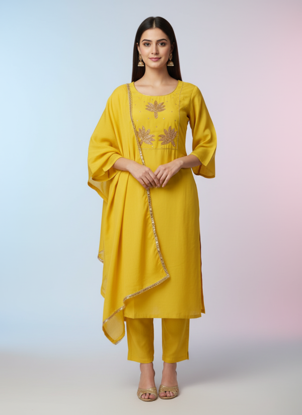 Lime Yellow Silk Blend Kurta Set with Gota Patti Starburst Motifs and Kiran Lace Dupatta