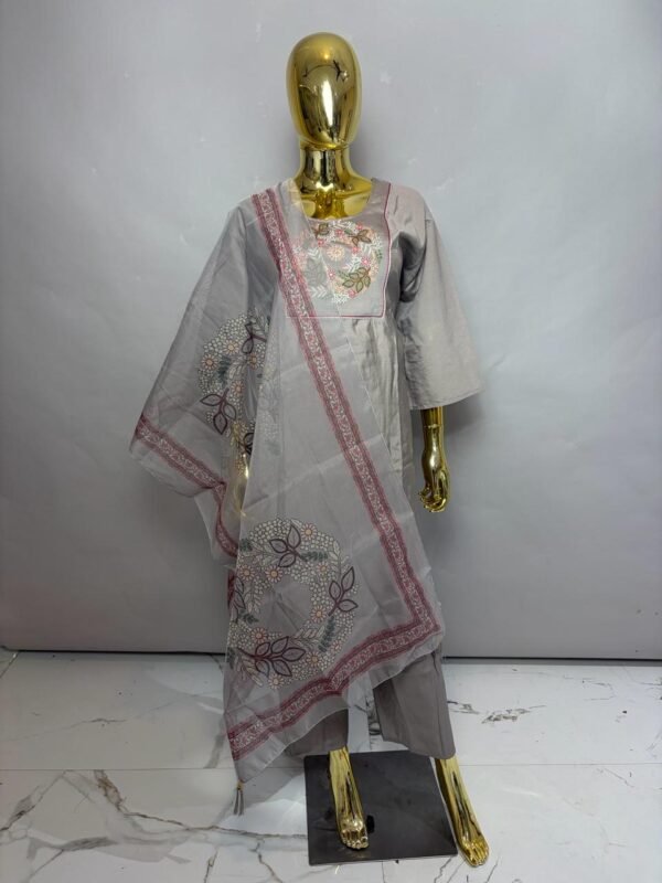 Taupe Grey Premium Cotton Silk Kurta Set with Circular Floral Bodice Embroidery and Sheer Bordered Dupatta
