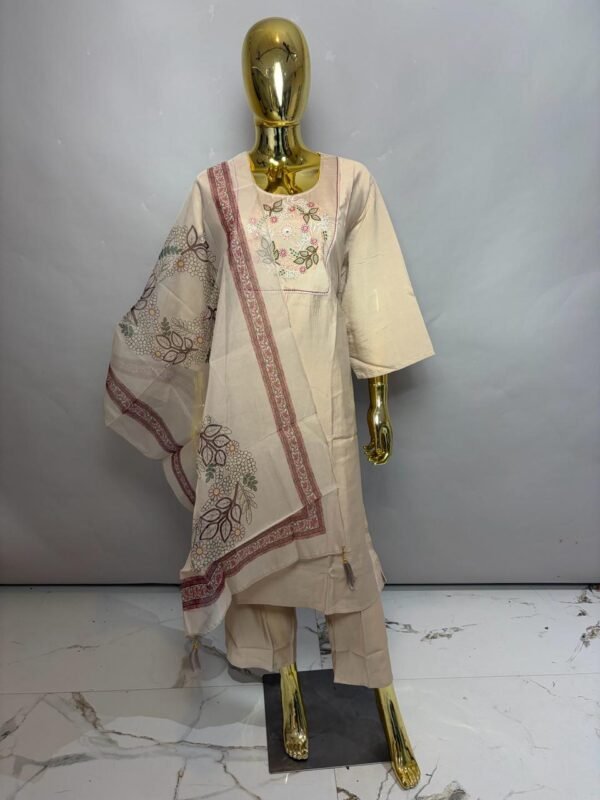Soft Beige Premium Cotton Silk Kurta Set with Circular Floral Wreath Embroidery and Printed Dupatta