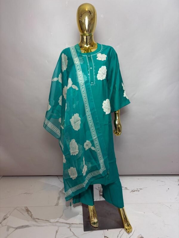 Teal Green Premium Cotton Silk Kurta Set with Bold Cream Floral Accents and Sheer Bordered Dupatta