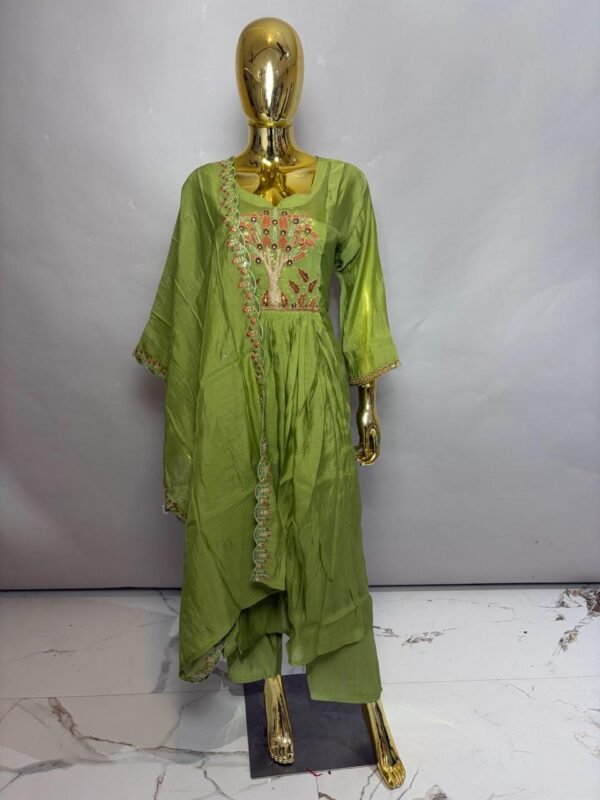 Pear Olive Green Silk Blend Anarkali Kurta Set with Tree of Life Zardosi Embroidery