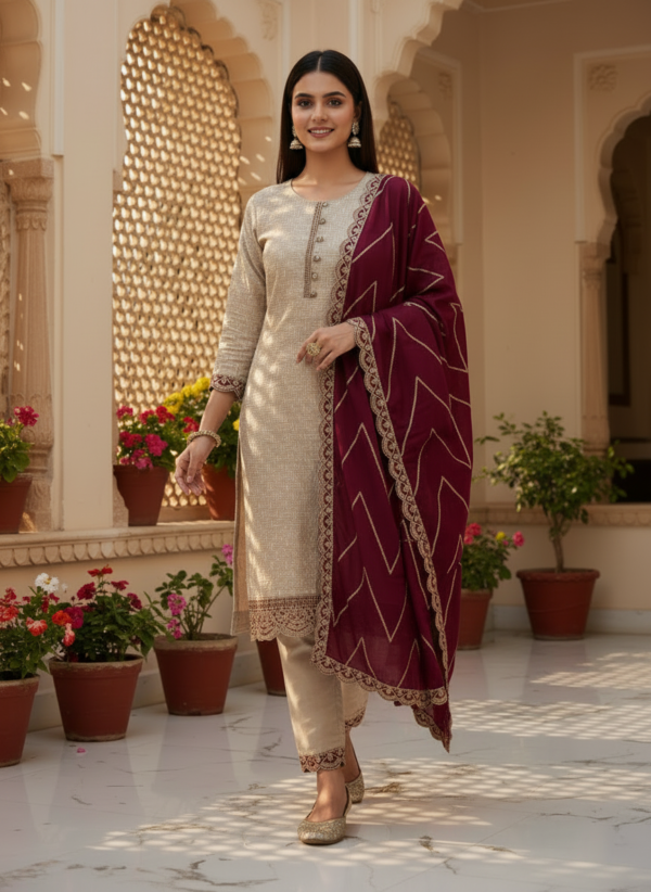 Champagne Gold Self-Weave Kurta Set with Wine Banarasi Dupatta