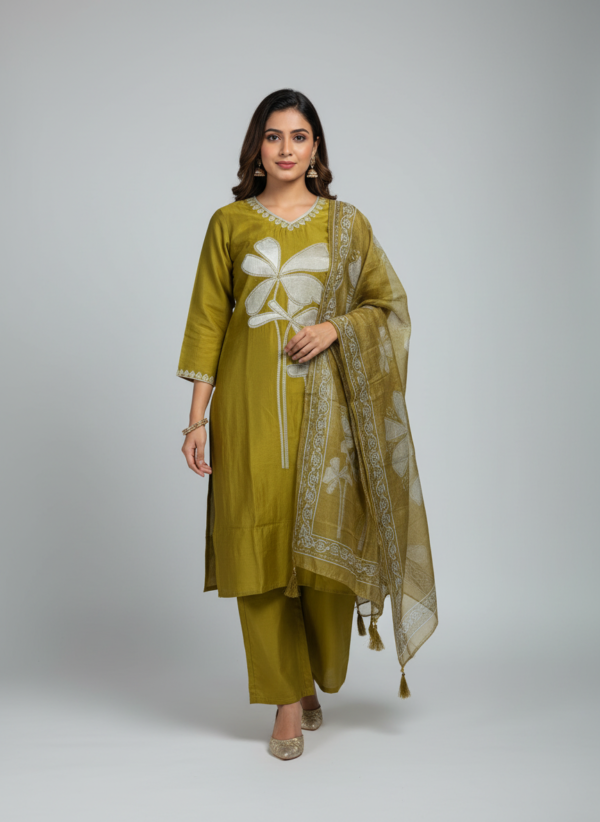 Mustard Premium Cotton Silk V-Neck Kurta Set with Applique Flower Detail & Organza Dupatta