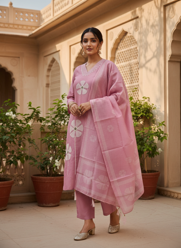 Pastel Pink Cotton Silk V-Neck Kurta Set with Applique Flower Detail & Organza Dupatta