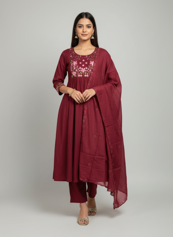 Deep Maroon Premium Cotton Gathered Festive Suit Set with Rose Pink Floral Embroidery