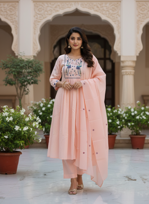Pastel Peach Premium Cotton Gathered Festive Suit Set with Blue & Teal Floral Embroidery