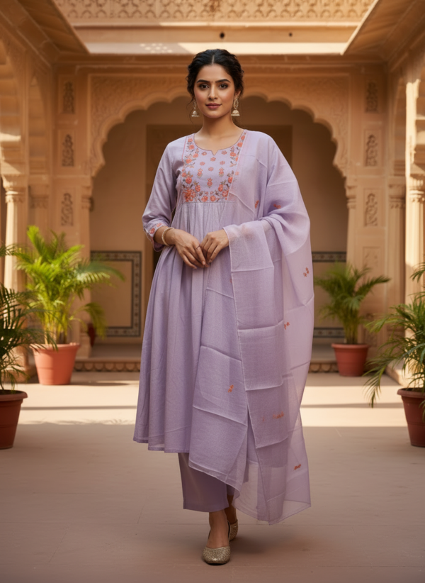 Pastel Lavender Premium Cotton Gathered Festive Suit Set with Peach Floral Embroidery
