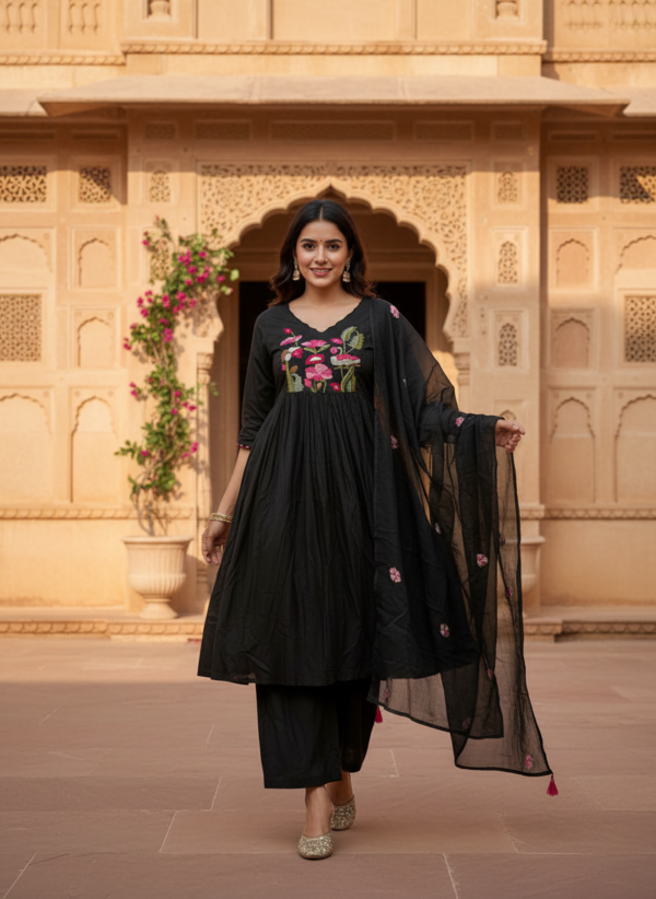 Midnight Black Cotton Anarkali Kurta Pant Set with Appliqué Floral Embroidery