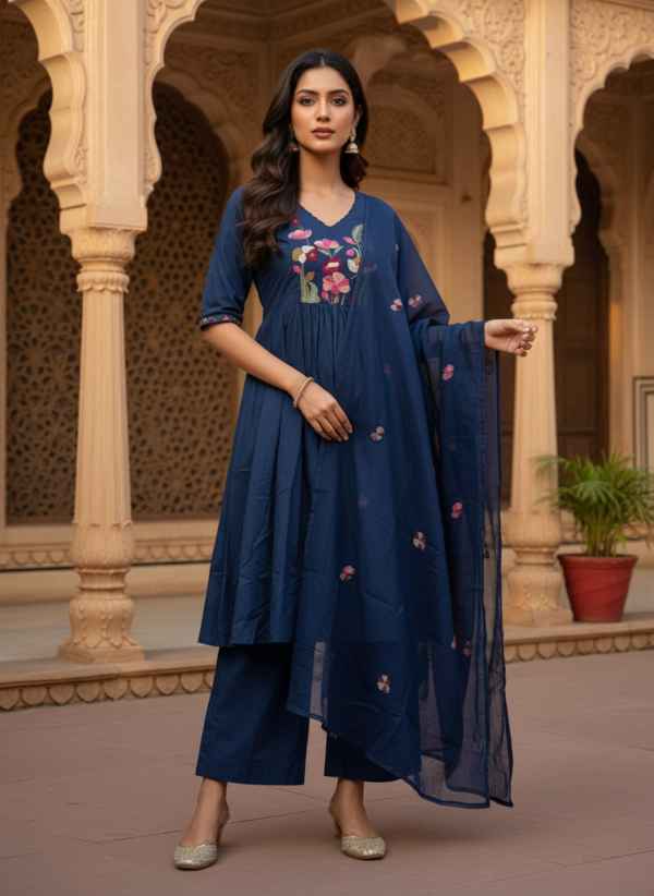 Royal Navy Blue Cotton Anarkali Kurta Pant Set with Appliqué Floral Embroidery
