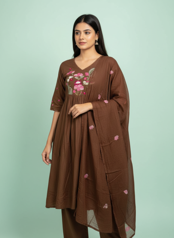 Chocolate Brown Cotton Anarkali Kurta Pant Set with Appliqué Floral Embroidery