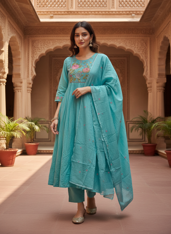 Sky Blue Cotton-Silk Kurta Pant Set with Pastel Floral Embroidery and Sheer Dupatta