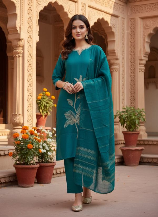 Teal Green Silk-Blend Kurta Set with Scalloped V-Neck & Zari Dupatta