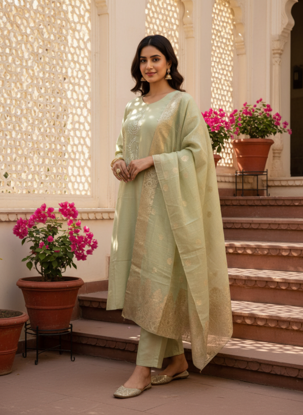 Pastel Lime Green Silk Kurta Set with Intricate White Paisley Embroidery