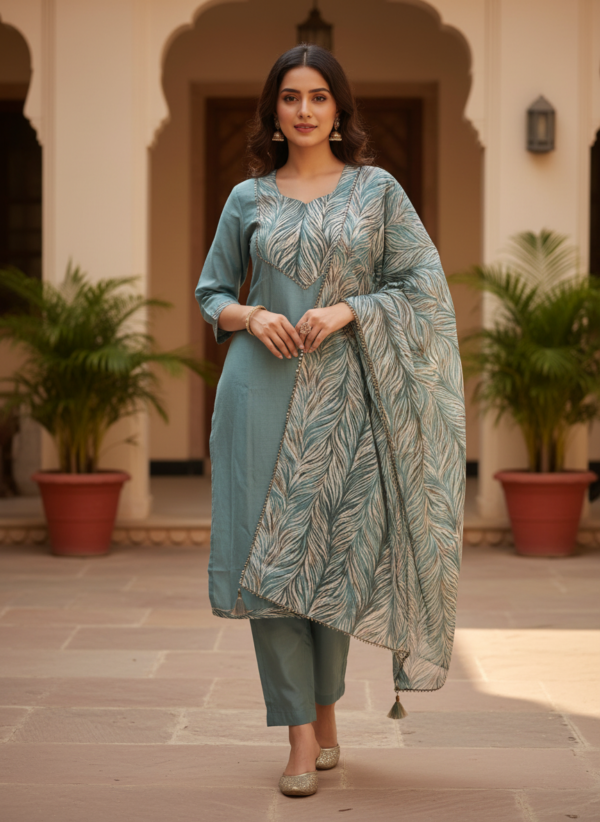 Powder Blue Straight Kurta Set with Contoured Leaf-Print Overlay & Dupatta
