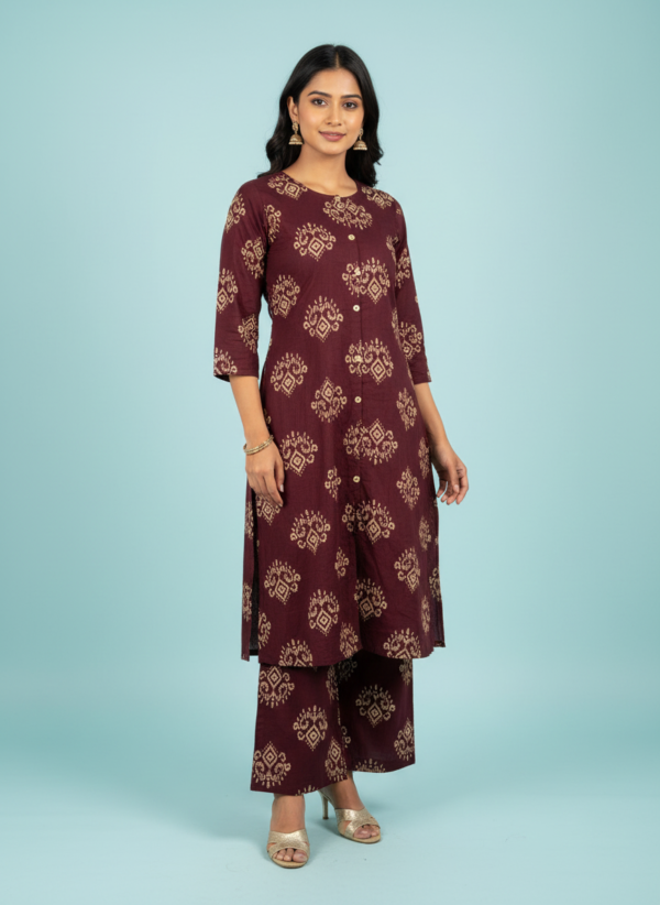 Wine Burgundy Ikat Geometric Print Co-ord Set with Mandarin Collar