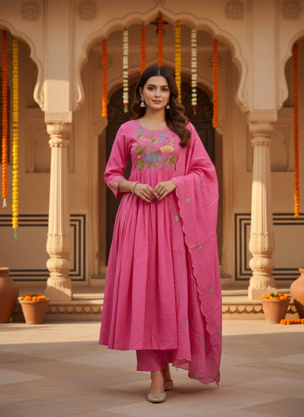 Bubblegum Pink Cotton-Silk Kurta Pant Set with Floral Embroidery and Organza Dupatta