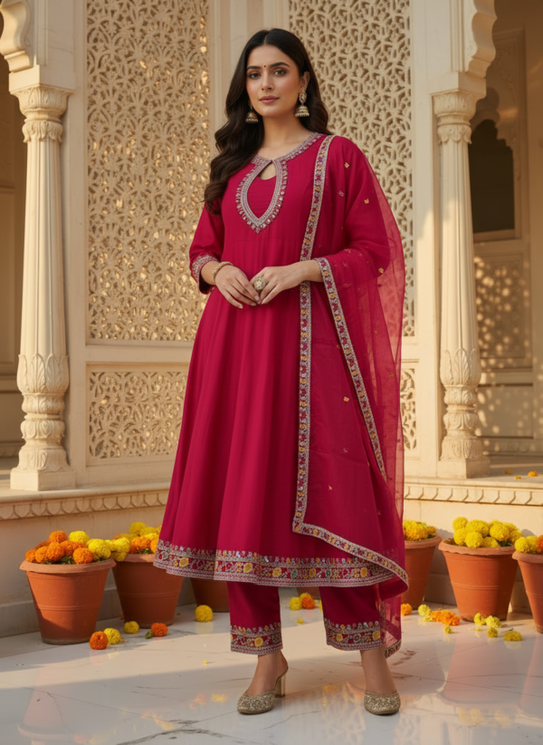 Fuchsia Pink Anarkali Suit Set with Intricate Mirror Work & Keyhole Neckline