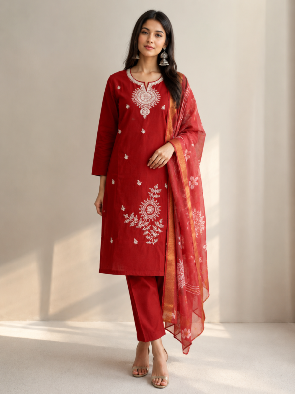 Crimson Red Premium Cotton Silk Straight Kurta Set with White Intricate Medallion Embroidery and Zari-Border Dupatta
