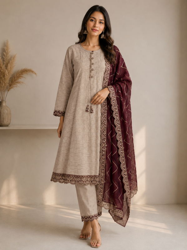 Taupe Beige Cotton A-Line 3-Piece Kurta Set with Deep Wine Cutwork Borders