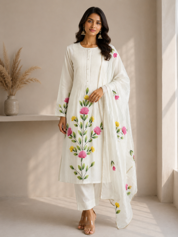 Off-White Floral Hand-Painted Kurta Set