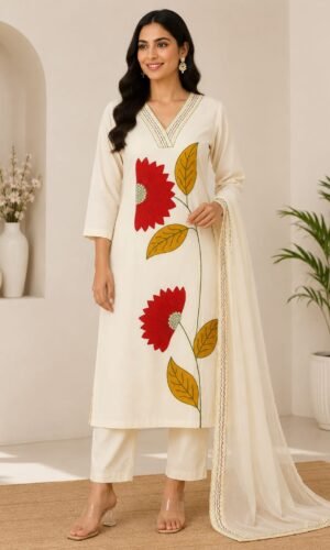 Off-White Premium Cotton Silk Kurta Set with Bold Crimson Sunflower Appliqué and Embroidered V-Neck