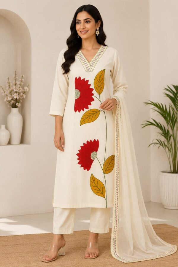 Off-White Premium Cotton Silk Kurta Set with Bold Crimson Sunflower Appliqué and Embroidered V-Neck