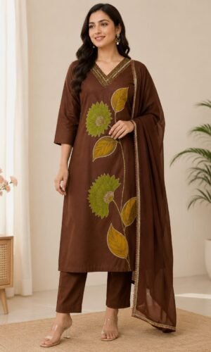 Chocolate Brown Premium Cotton Silk Kurta Set with Bold Sunflower Appliqué and Zari Bordered Dupatta
