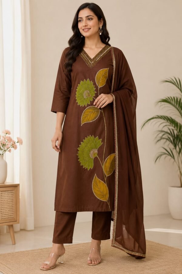 Chocolate Brown Premium Cotton Silk Kurta Set with Bold Sunflower Appliqué and Zari Bordered Dupatta