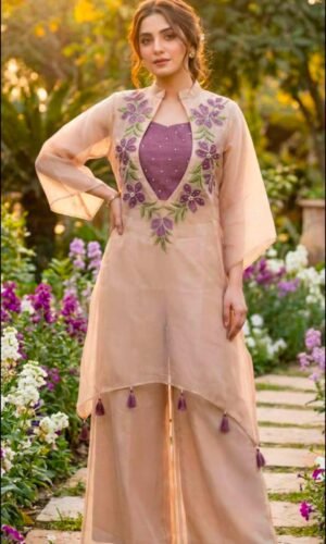 Rose-Beige Organza Jacket-Style High-Low Kurta Set with Contrasting Purple Inner and Floral Hand-Embroidery