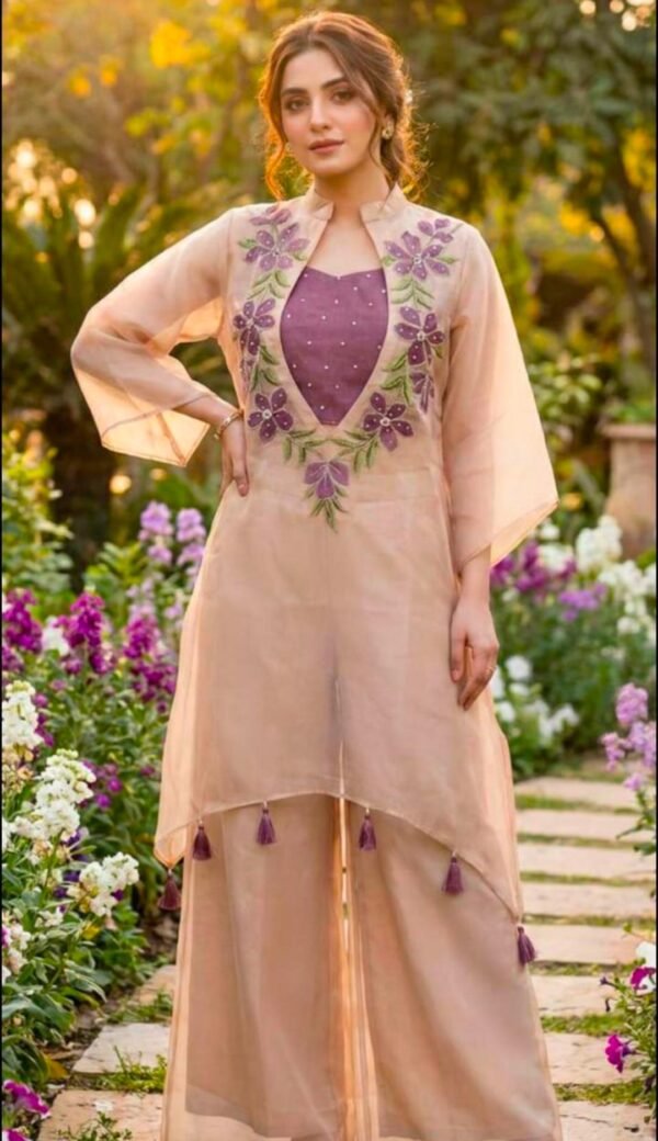 Rose-Beige Organza Jacket-Style High-Low Kurta Set with Contrasting Purple Inner and Floral Hand-Embroidery