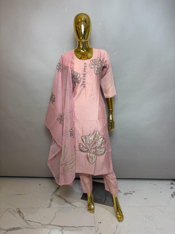 Powder Pink Premium Cotton Silk Kurta Set with Bold Shimmer Floral Appliqué and Sheer Scalloped Dupatta