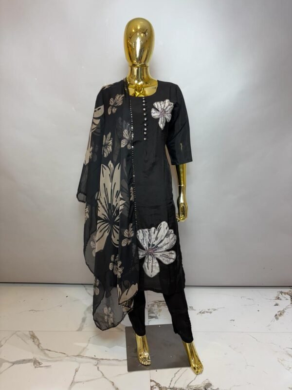 Midnight Black Premium Cotton Silk Kurta Set with Bold Shimmer Floral Appliqué and Sheer Graphic Dupatta