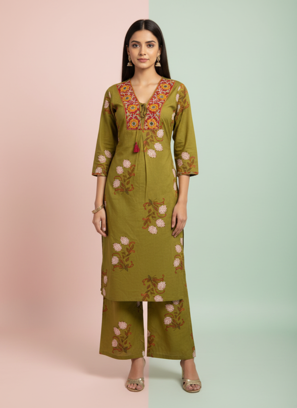 Mustard Olive Cotton Kurta Set with Intricate Embroidered Mirror-Work Yoke and Matching Trousers