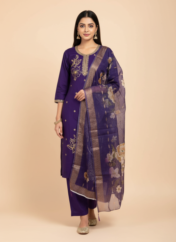 Deep Purple Silk Blend Straight Kurta Set with Golden Zari Embroidery and Organza Floral Dupatta