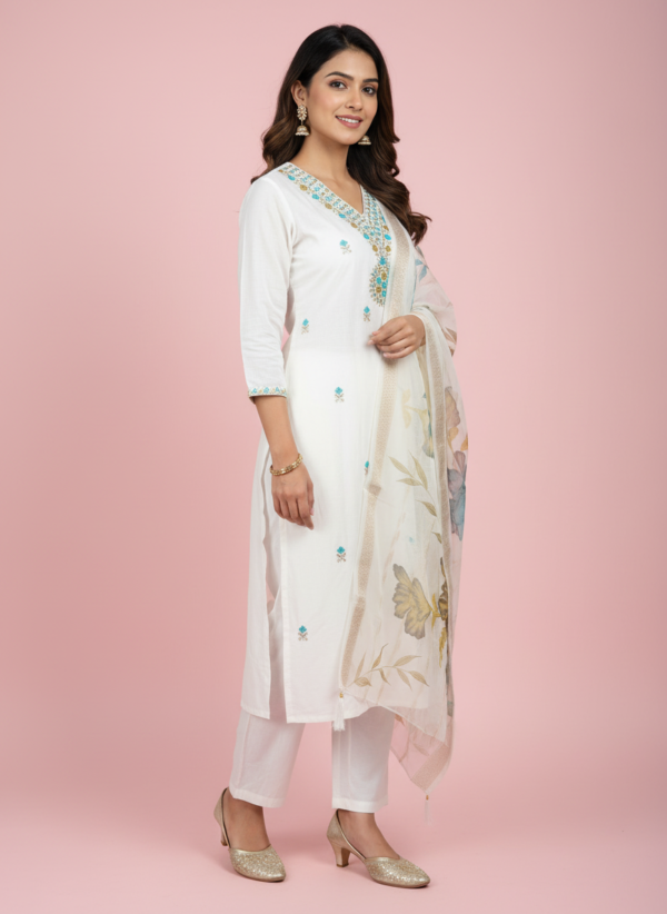 Ivory Premium Silk Blend Straight Kurta Set with Turquoise Floral Embroidery and Translucent Printed Dupatta